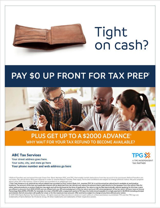 Brandable Fast Cash Advance and Refund Transfer Intuit Pro Series Combo Ad Flyer 2024